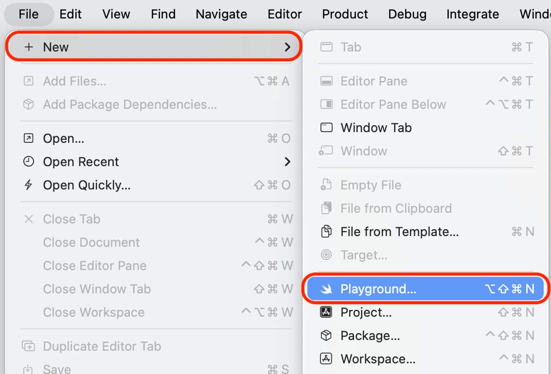 Figure 2.1: Xcode menu bar with File | New | Playground... selected
