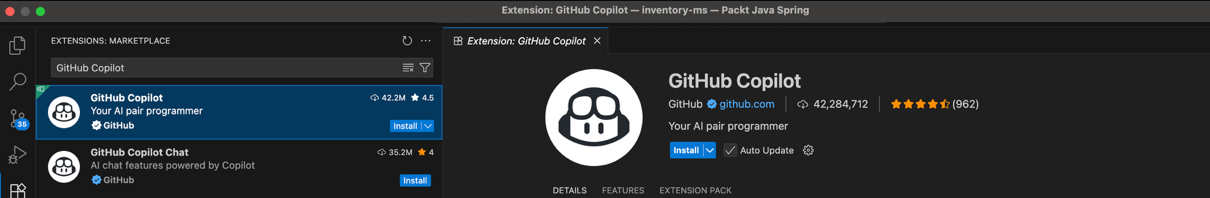 Figure 3.4: Installing the GitHub Copilot and GitHub Copilot Chat extensions in VS Code
