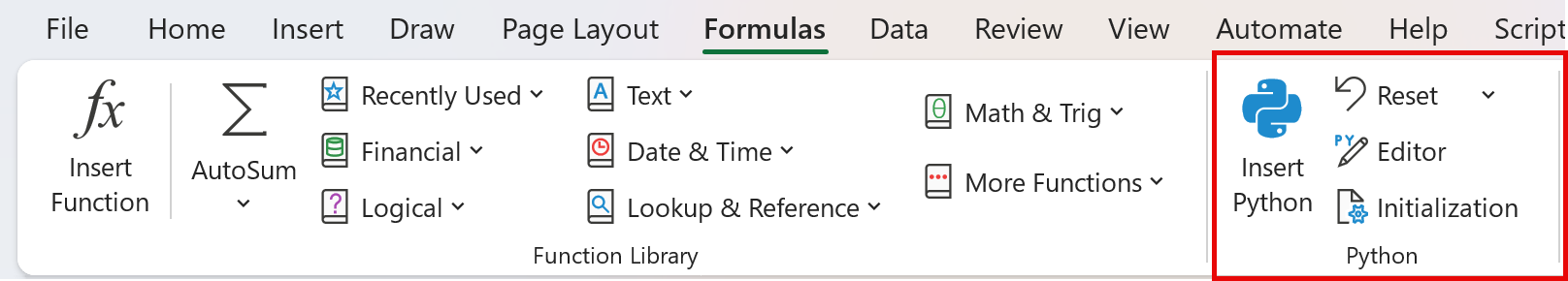 Figure 1.1: Where to find Python in Excel on the ribbon