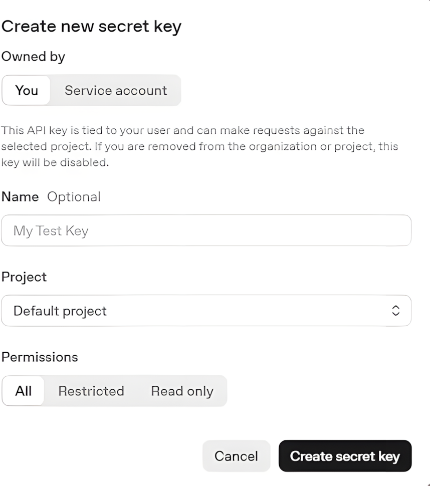 Figure 14.2 – OpenAI Create new secret key dialog