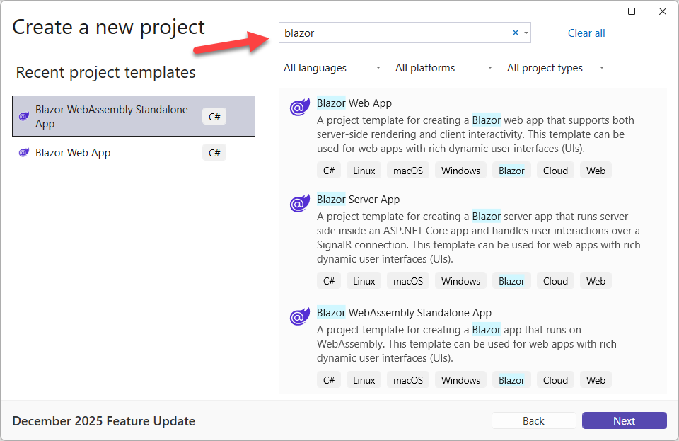 Figure 1.1 – Visual Studio project templates for Blazor