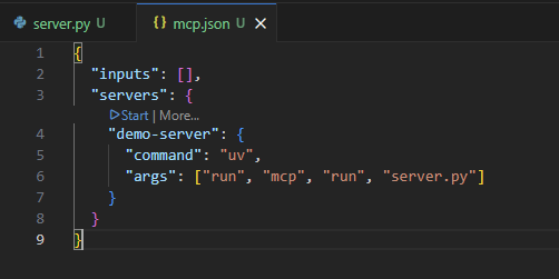 Screenshot of a Visual Studio Code winow showing the contents of mcp.json. Inside the JSON file, an inline control labeled “Start | More...” appears within the code, indicating an embedded action for launching the server directly from the editor.