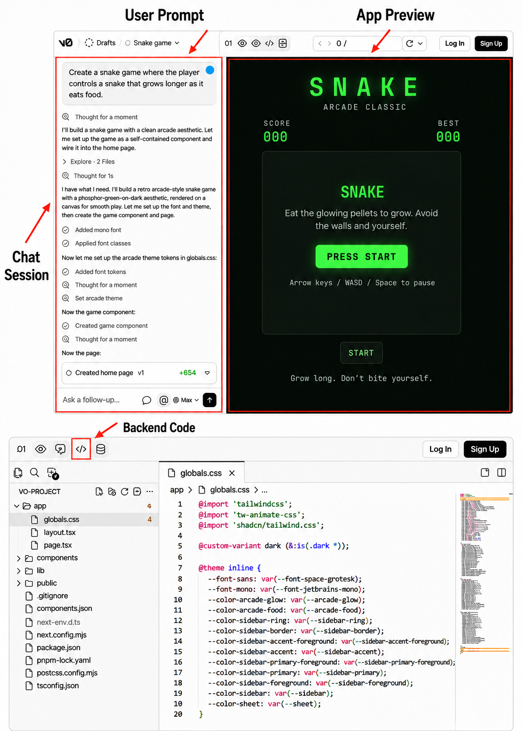 Figure 1.2: AI-assisted Snake game generation in Vercel v0, showing the user prompt, chat session, live application preview, and generated backend code