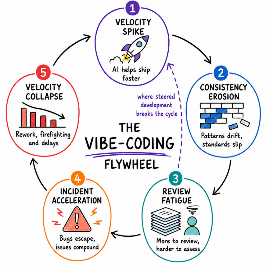 Figure 1.4: The vibe-coding flywheel, from an initial velocity spike to consistency erosion, review fatigue, incidents, and eventual slowdown