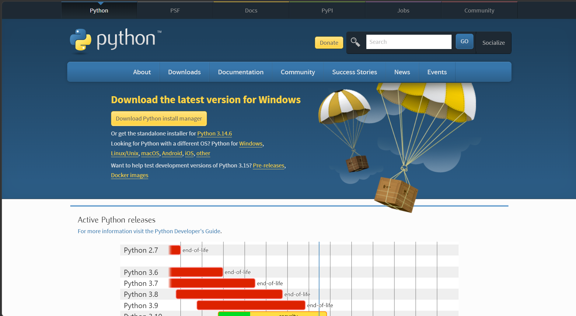 Figure 1.1: Python.org downloads section showing the options available