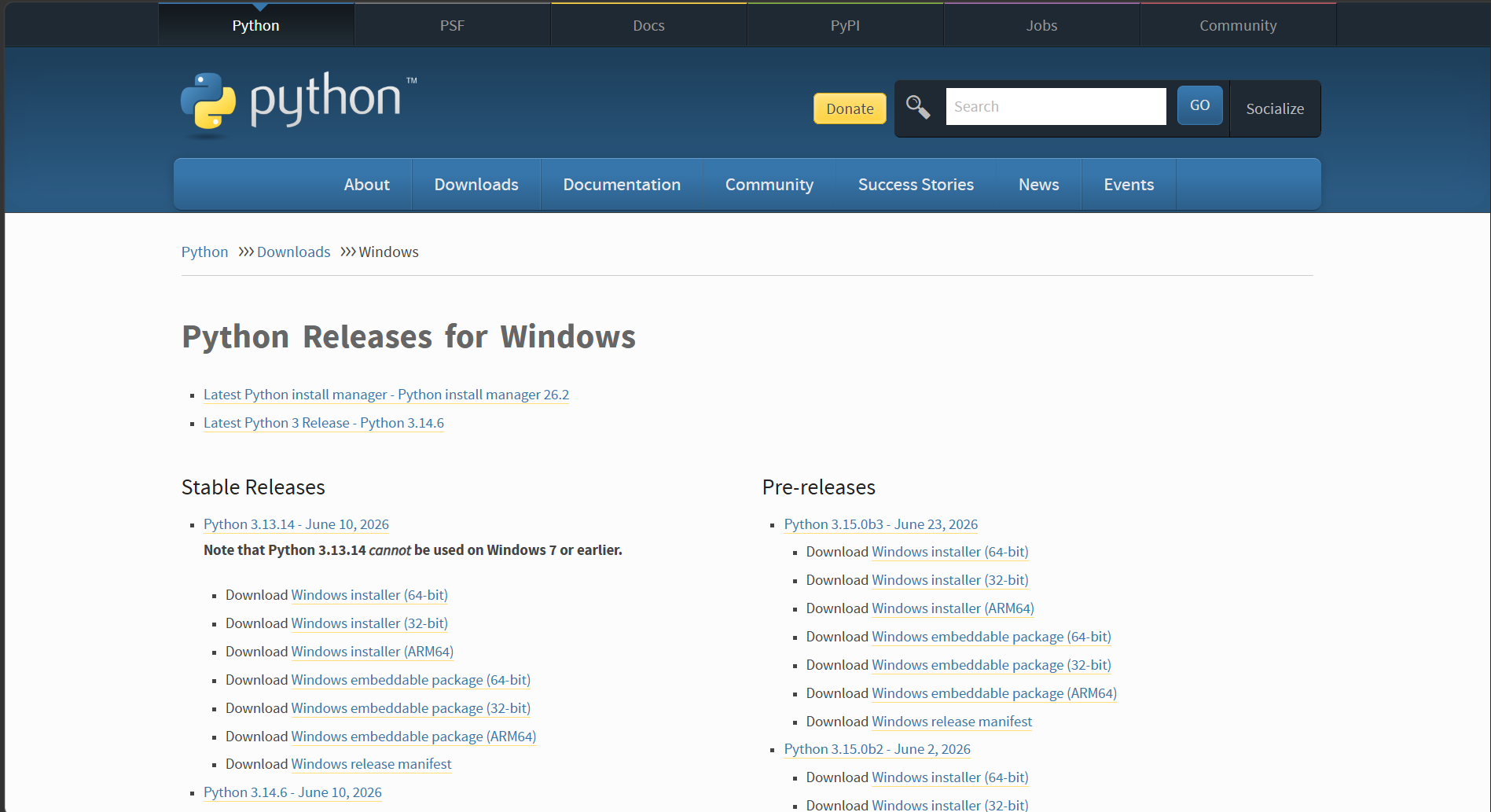 Figure 1.2: Python releases for Windows page showing download links for different Windows installers