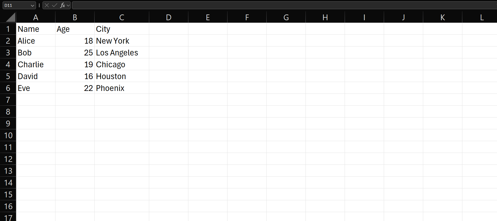 Figure 1.4: Excel window showing a worksheet with the columns labelled and populated with data