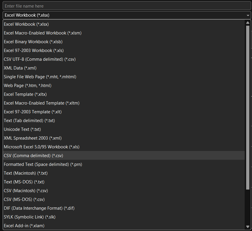 Figure 1.5: Save As dialog box showing the file types available to be saved