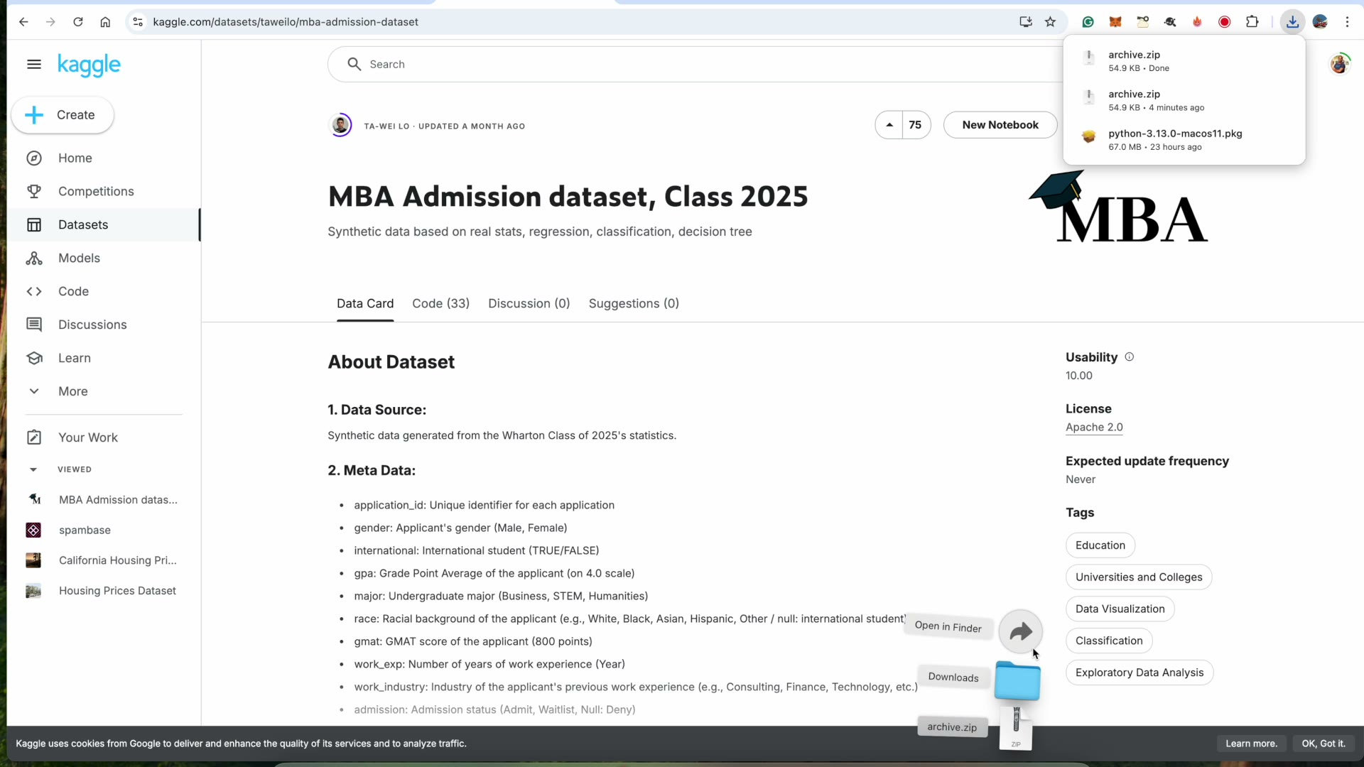 Figure 1.7: Kaggle MBA Admission dataset page with dataset description, metadata, and download options visible