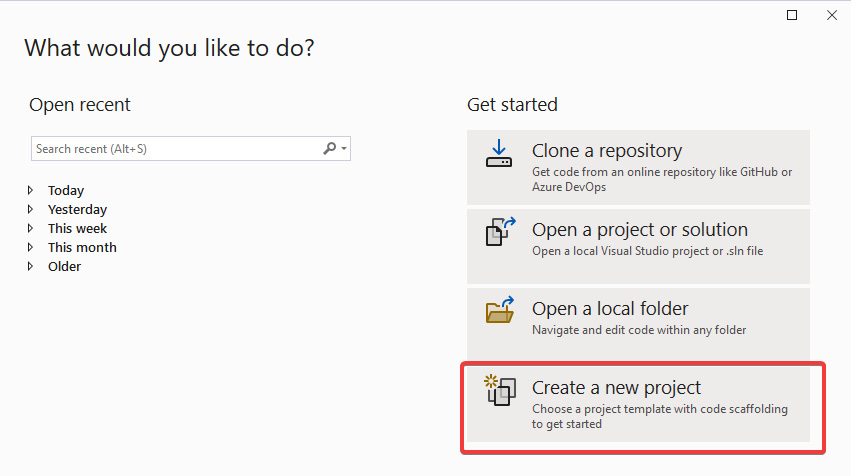 Figure 2.1 – The VS "Create a new project" option