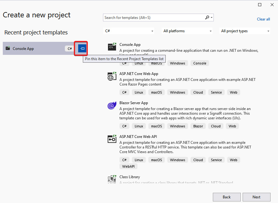 Figure 2.2 – The option to pin or unpin a template in the "Recent project templates" section