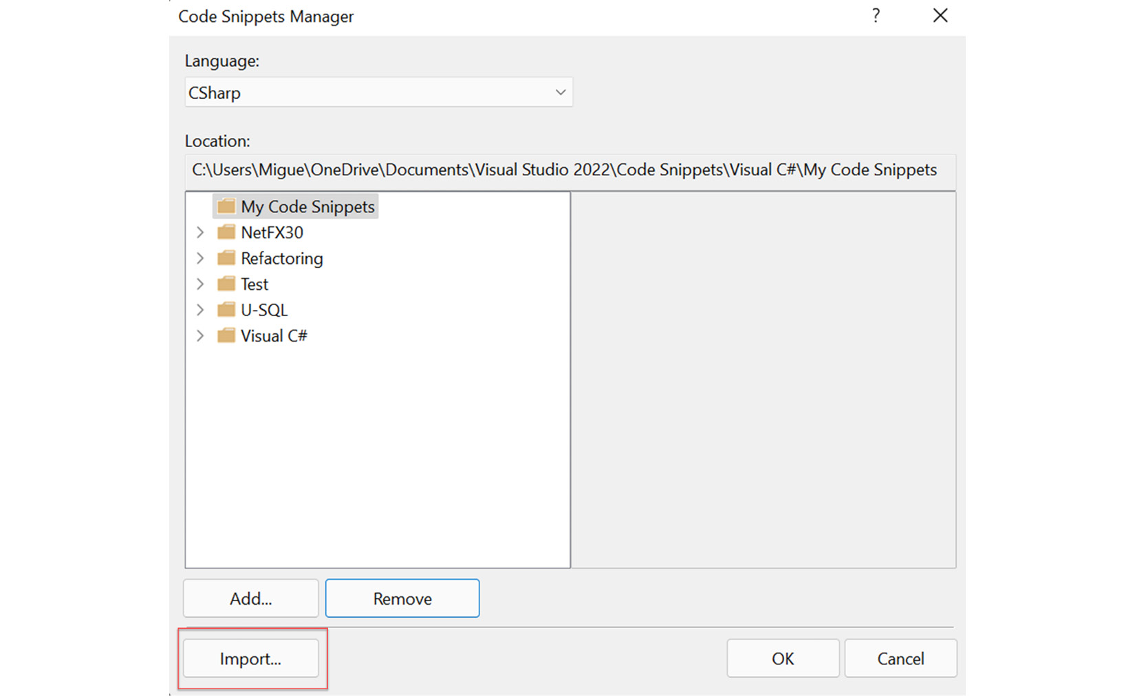 Figure 4.13 – The "Import…" button in Code Snippets Manager