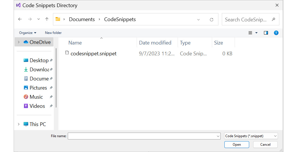 Figure 4.14 – Selecting a code snippet file (.snippet) in the filesystem