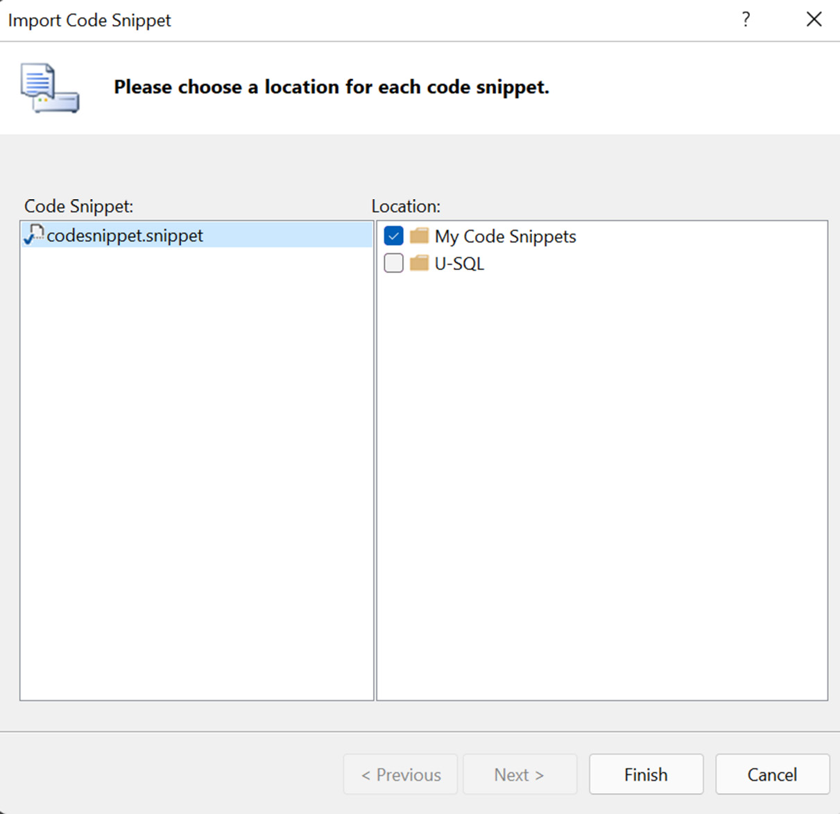 Figure 4.15 – The selection location for the imported code snippet