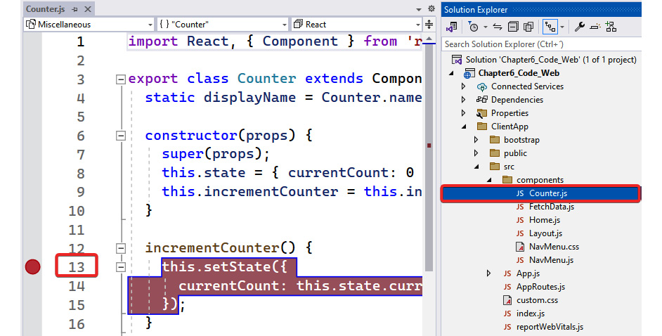 Figure 6.13 – A breakpoint in the incrementCounter method inside Counter.js