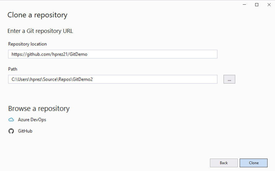 Figure 9.10 – The window for cloning a repository