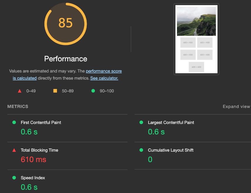 Figure 7.8: The Lighthouse report with a Performance score of 85