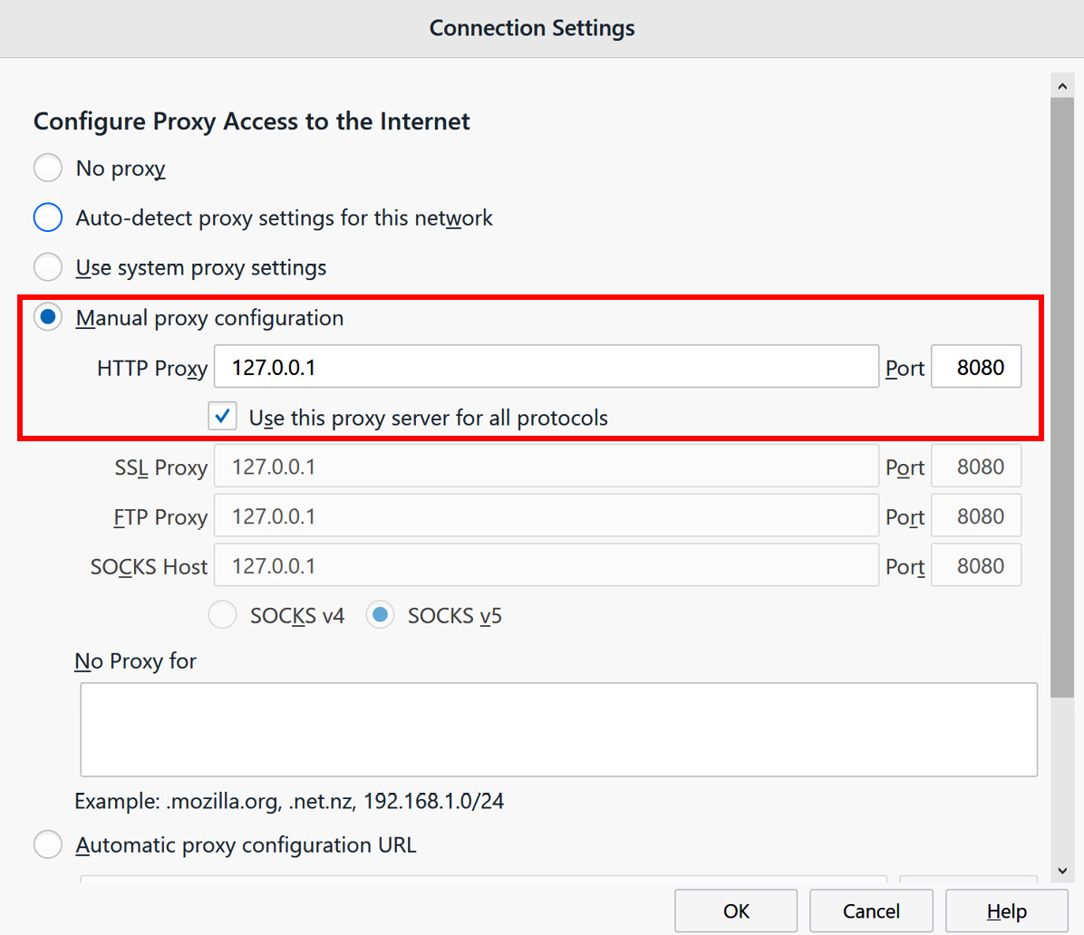 Figure 1.18 – Manually configuring the Firefox browser to send HTTP traffic to Burp