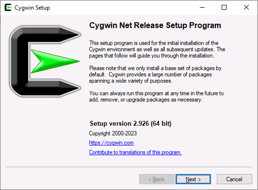 Figure 1.9 – The Cygwin Setup screen on Windows