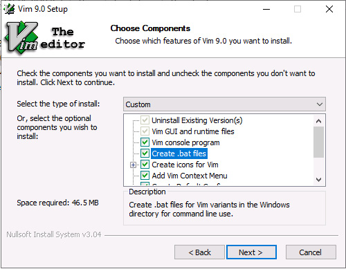 Figure 1.15 – gVim installation screen – note that Create .bat files is selected