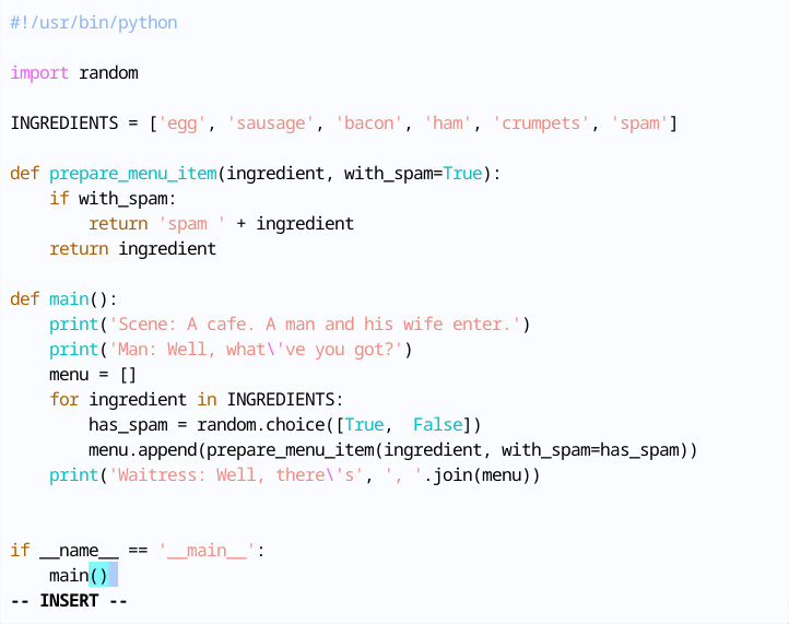 Figure 1.28 – A simple Python 3 program referencing Monty Python’s “Spam” sketch