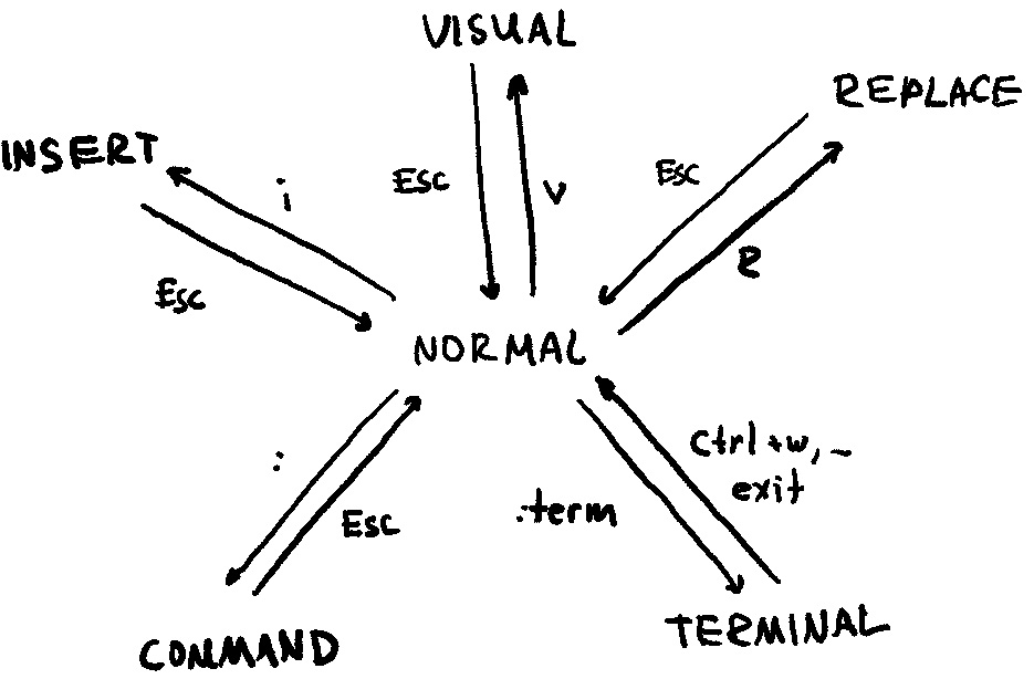 Figure 3.6 – Relationships between insert, visual, replace, command, and terminal modes