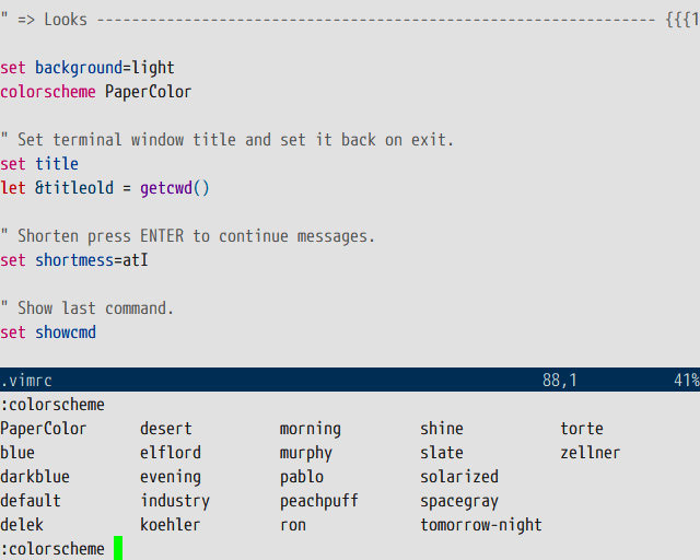 Figure 7.1 – Output of :colorscheme followed by Ctrl + d. Current color scheme is PaperColor.