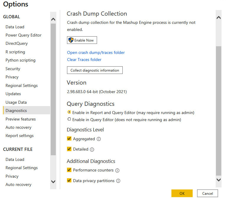 Figure 8.19 – Query Diagnostics enabled in the Power Query settings