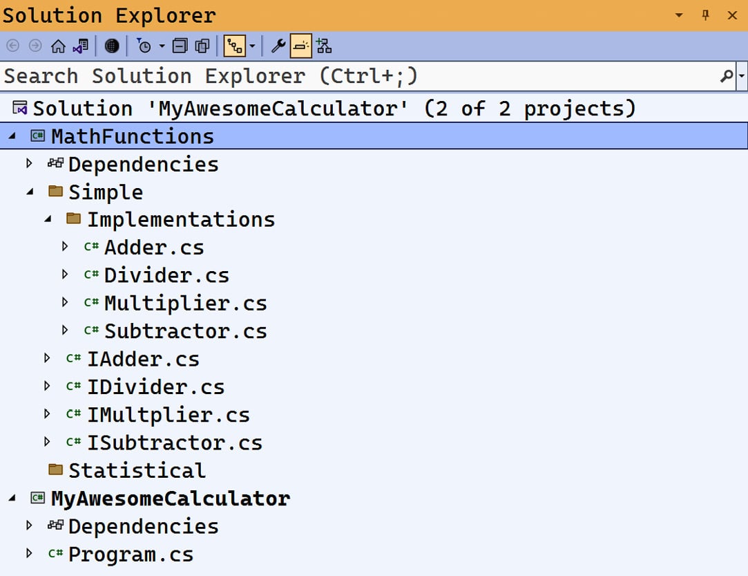 Figure ﻿﻿0.1: Solution Explorer with the Calculator project