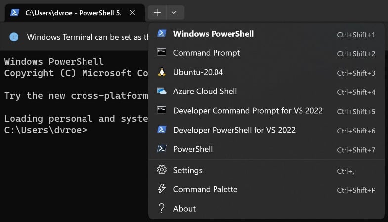 Figure ﻿﻿0.6: Windows Terminal with different shells