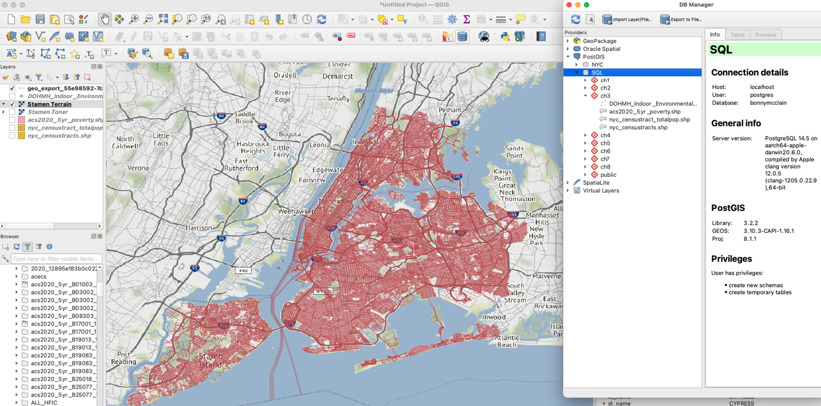 Figure 2.8 – QGIS canvas with panels and DB Manager