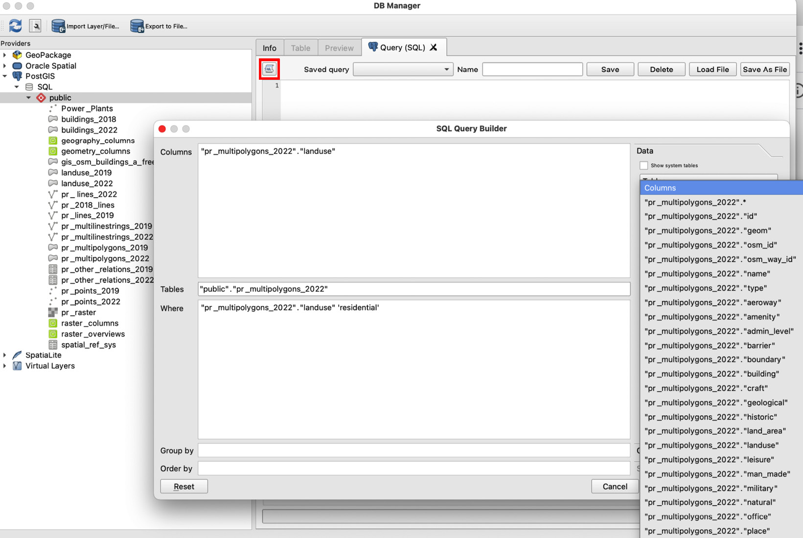 Figure 8.1 – The SQL query builder inside the SQL window in QGI﻿