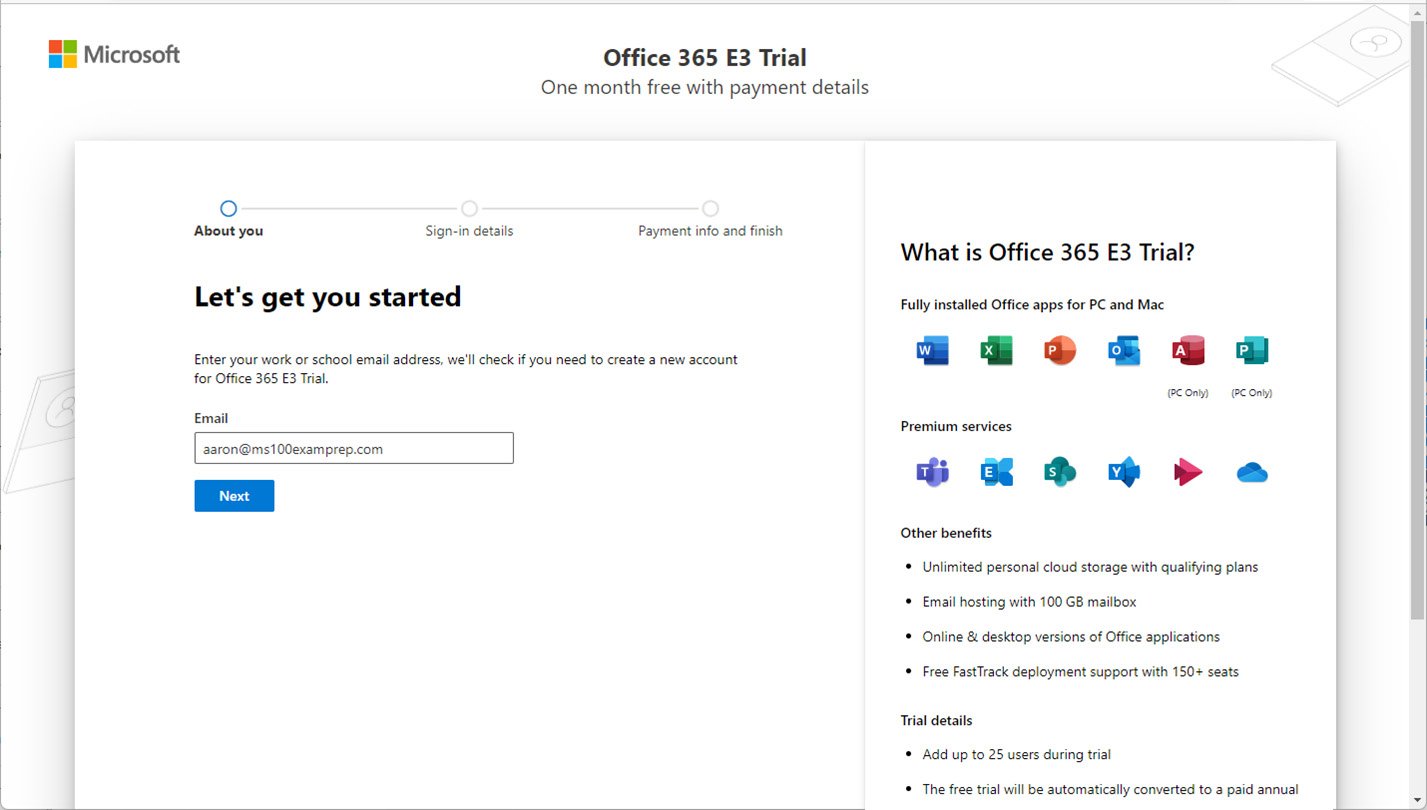 Figure 1.3 – Starting a trial subscription