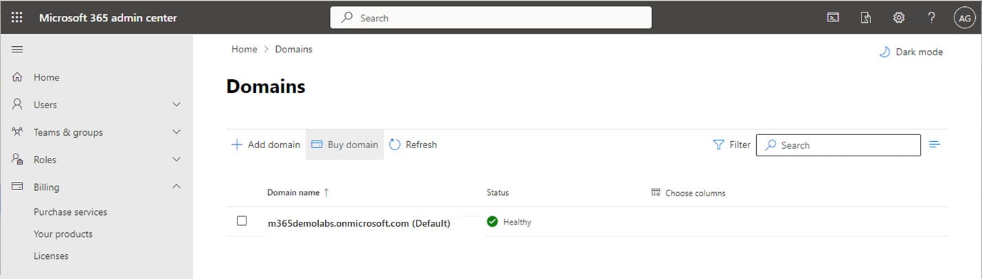 Figure 1.5 – Purchasing a domain through the Microsoft 365 admin center