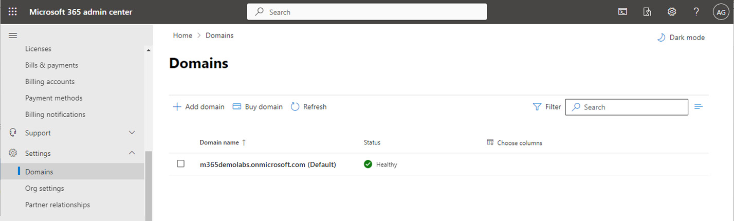 Figure 1.6 – Domains page of the Microsoft 365 admin center