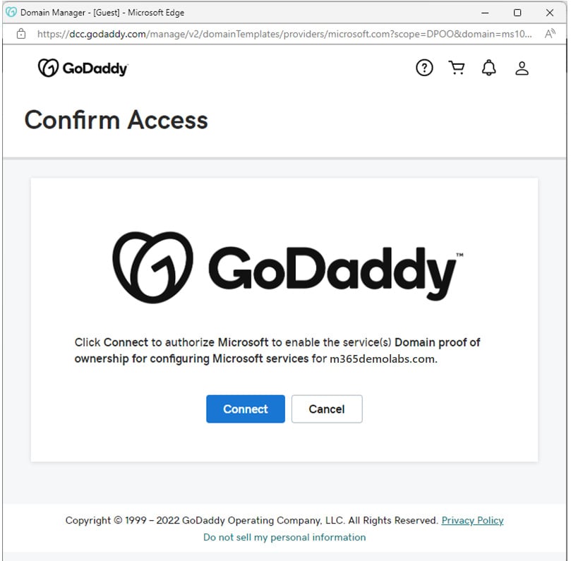 Figure 1.10 – Authorizing Domain Connect with GoDaddy to update DNS records