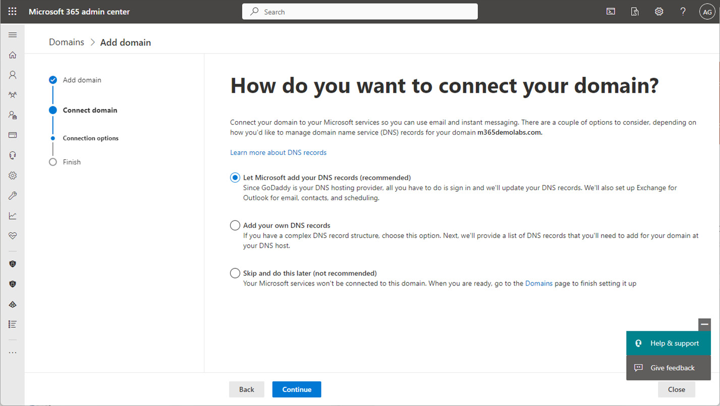 Figure 1.11 – Connecting domain to Microsoft 365