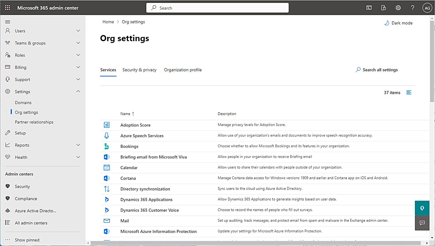 Figure 1.16 – Org settings in the Microsoft 365 admin center