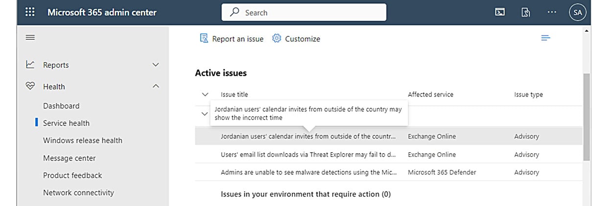 Figure 1.19 – Service health active issues