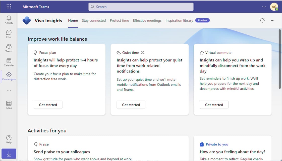 Figure 1.24 – Viva Insights app in Microsoft Teams