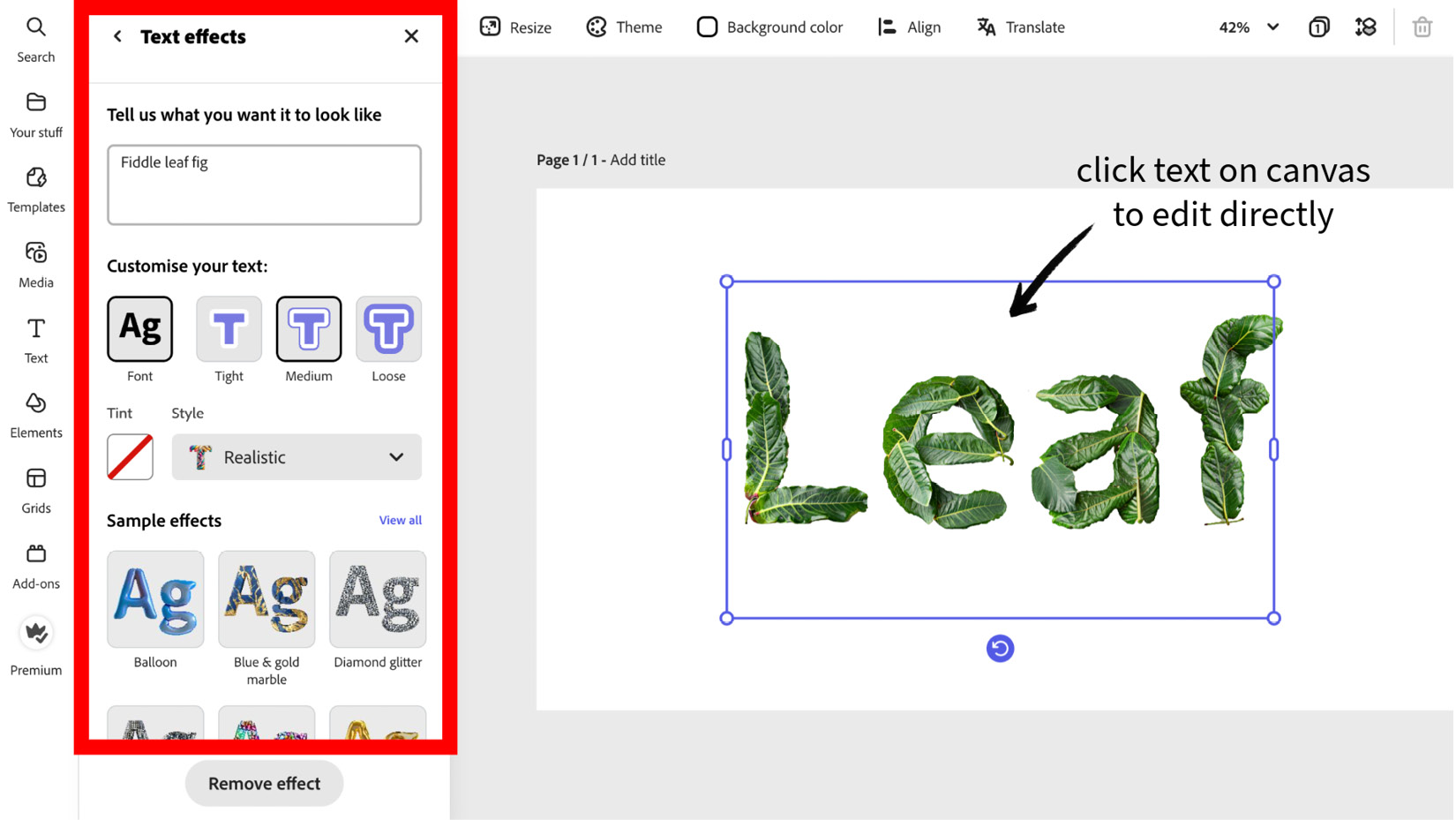 Figure 4.6 – Text effects controls inside Adobe Express