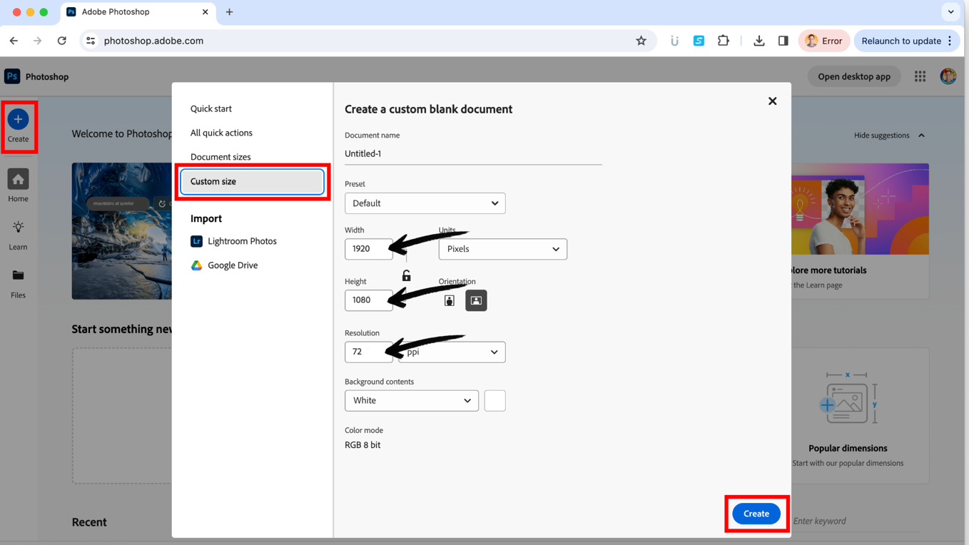 Figure 6.8 – Creating a new document in Photoshop on the Web