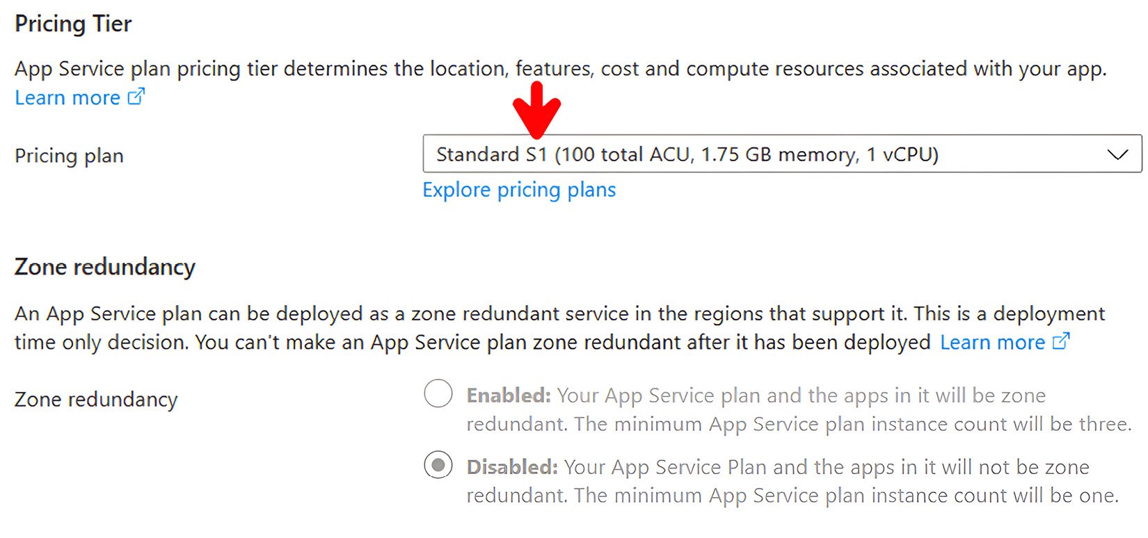 Figure 2.6: Pricing tier SKU code and zone redundancy options