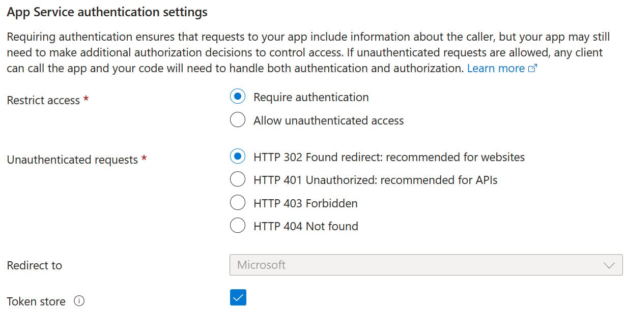 Figure 2.10: App Service authentication settings