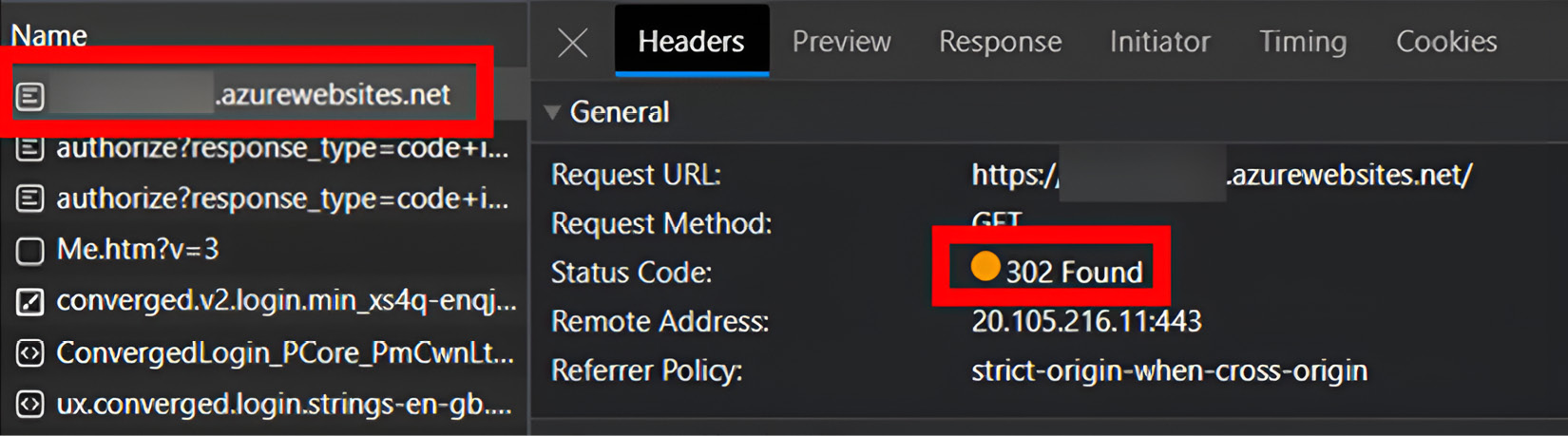 Figure 2.12: In-browser developer tools showing a 302 Found status code