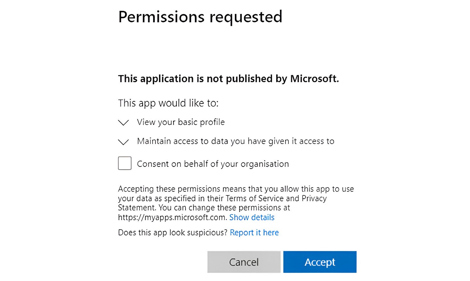 Figure 2.15: Permissions requested by the app registration