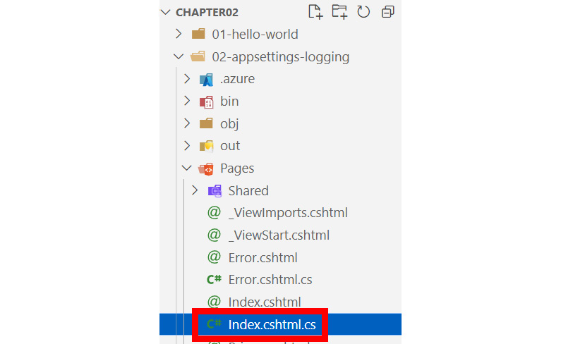 Figure 2.18: The Index.cshtml.cs file within VS Code