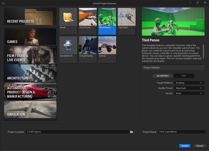 Figure 6.2 – Epic Games – Template selection
