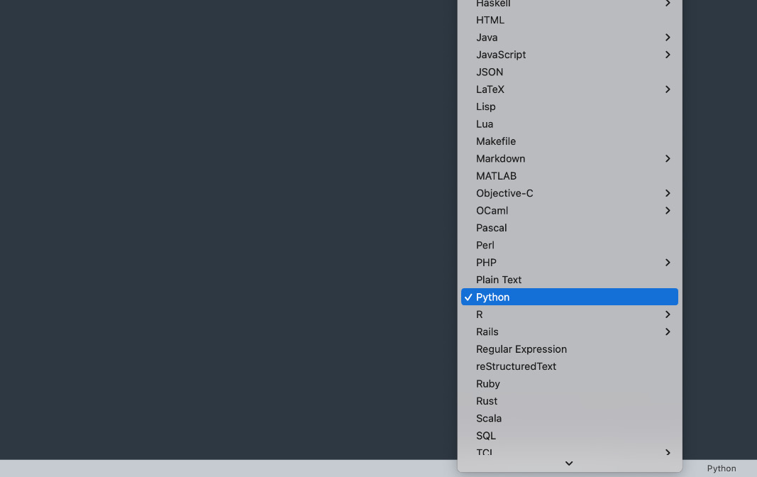 Figure 2.9: Python syntax selection in Sublime Text