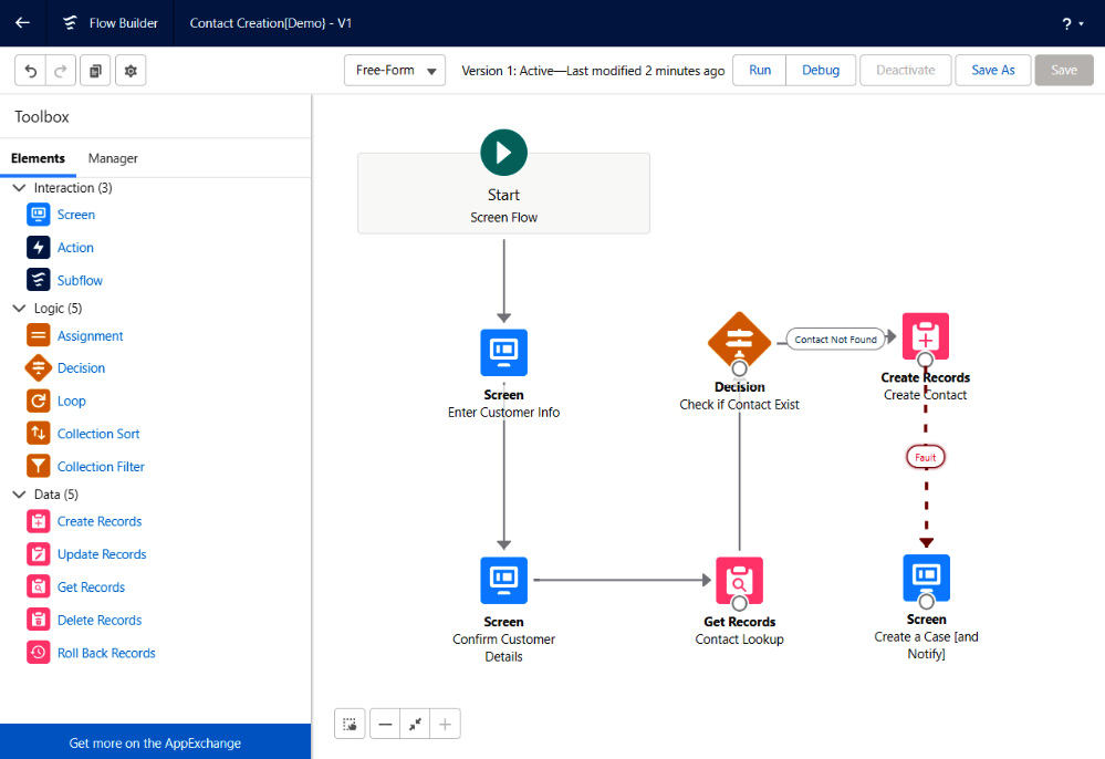 Figure 4.3 – Contact Creation Flow Builder layout; elements are connected via connectors